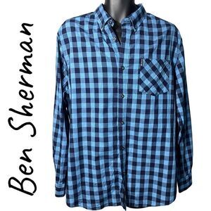 BEN SHERMAN Blue Cotton Plaid Long Sleeve Button Down Shirt, L